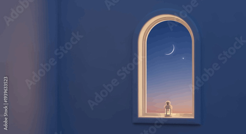 Vector illustration of a person looking out an arched window at a crescent moon