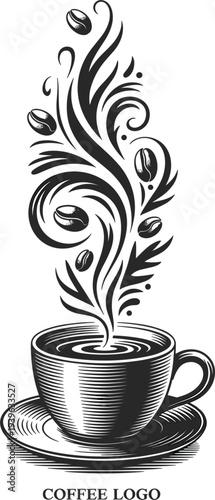 Vintage coffee cup with artistic steam swirls and roasted beans, premium espresso cafe shop branding logo