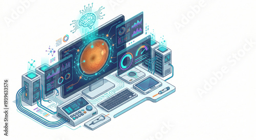 Isometric artificial intelligence analyzing eye retina scan on monitor