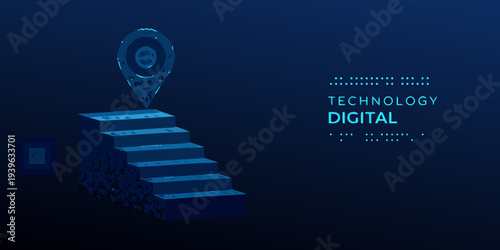 Digital technology advancement represented by a staircase and location pin