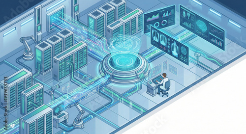 Isometric artificial intelligence processing medical big data in server room