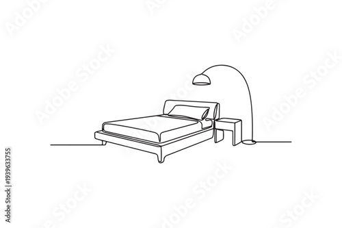 Line drawing of a modern bedroom with a bed and lamp