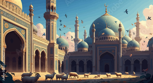 Vector illustration of a mosque with domes and minarets