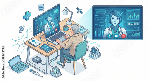 Isometric telemedicine consultation via laptop with virtual AI doctor