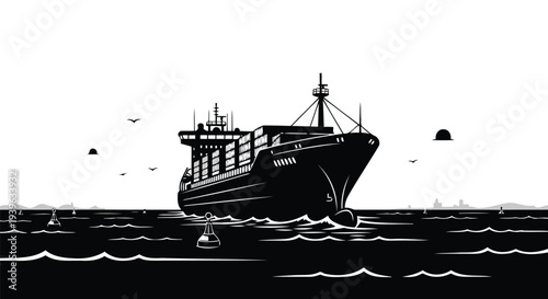 Cargo ship silhouette with navigation icons vector illustration