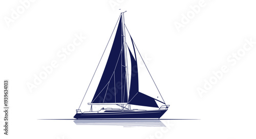 Sailboat with Dark Blue Sails on Water.