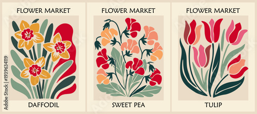 Set of trendy abstract flower market posters featuring spring birth month flowers, tulip, sweet pea, daffodil, in mid-century modern colors, minimalist vector style.