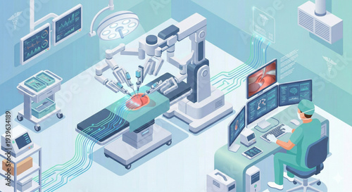 Isometric robotic arm performing precision surgery in modern operating room