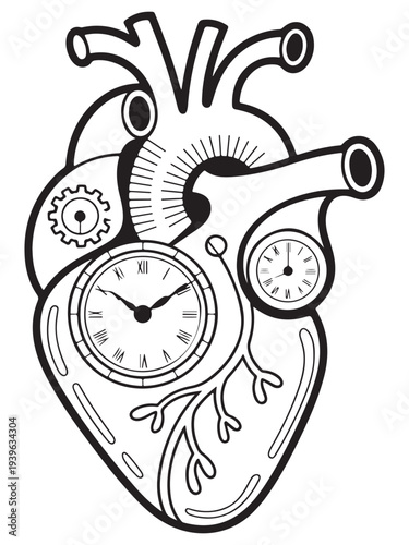 Steampunk Machinery heart clockwork elements stylized line art illustration Coloring
