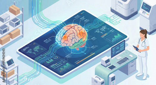 Isometric artificial intelligence analyzing human brain scan on digital screen