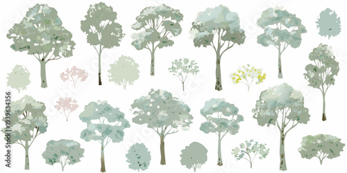 Collection of stylized trees in varying shades of green and gray