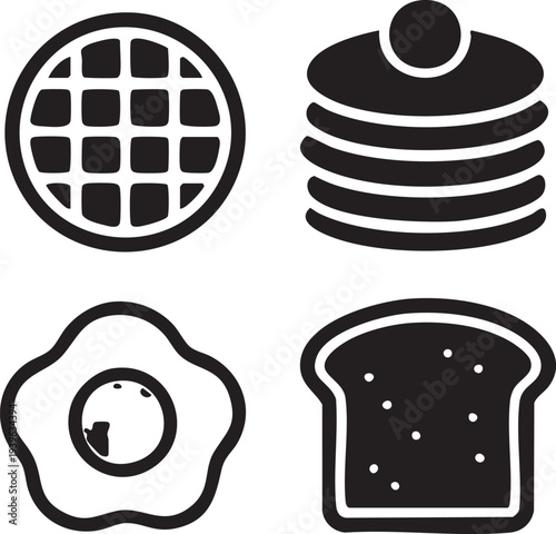 Black Silhouette Breakfast Food Icons Set – Waffle, Pancakes, Fried Egg and Toast Vector on White Background