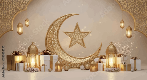 Ramadan Kareem background with crescent moon, star, lanterns and gifts, gold and white