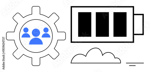 Team collaboration. Gear with team symbol, battery icon emphasizing energy efficiency, and cloud concept. Team collaboration for energy management, teamwork, technology, productivity, innovation