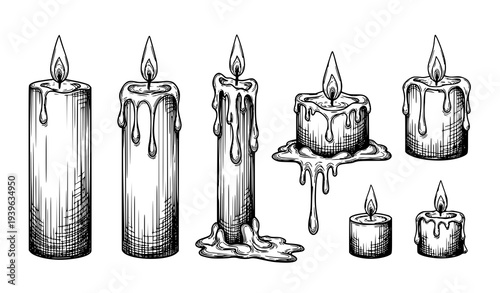 Burning candle sketch vector collection with hand drawn wax candles and flames