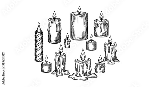 Vintage hand drawn candle collection with burning flames sketch style vector illustration