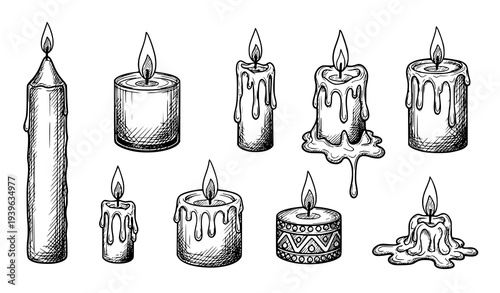 Hand drawn burning candles sketch vector set with dripping wax and glowing flame illustration