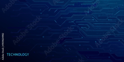 Abstract blue circuit board pattern with glowing lines and digital connections