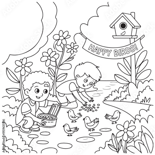tow little boy and cute Garden Coloring
Pages with Black and white
vector illustration