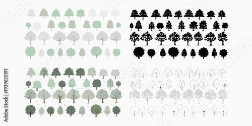 Variations of stylized trees arranged in grid patterns with color gradients