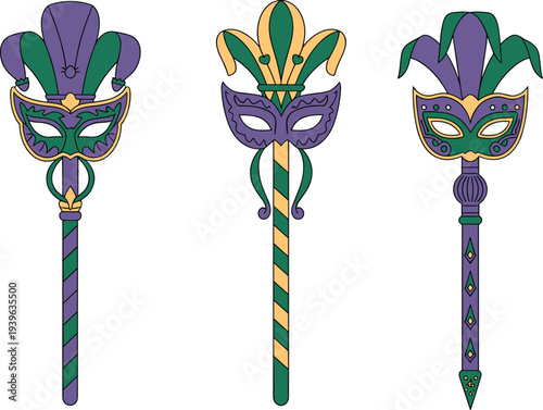Mardi Gras masquerade mask sticks with jester hats, carnival celebration accessories in purple green and gold festive symbols isolated on white