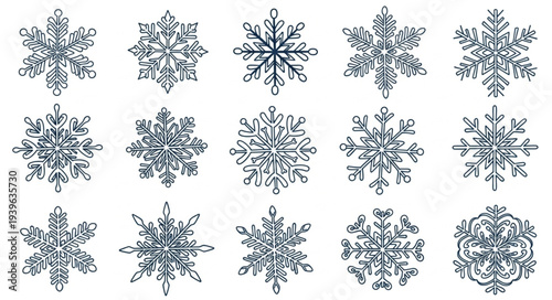 Collection of Various Snowflake Patterns and Designs.