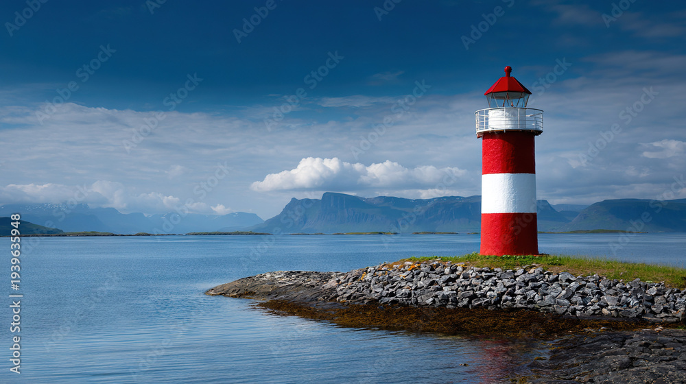 Obraz premium Lighthouse on Rocky Shore with Mountain Landscape