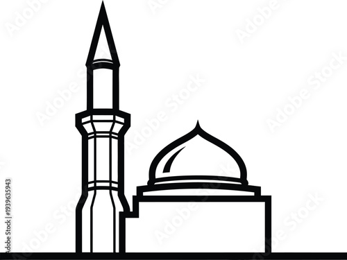 Simple line drawing of a mosque with minaret and dome