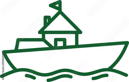 Green boat house icon with flag on white background