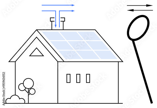 Renewable energy, sustainable living, solar power, energy efficiency, clean energy, eco-friendly solutions. Diagram of a house with solar panels and wind flow indications. Renewable energy