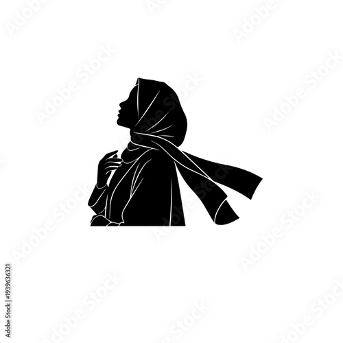 "A minimalist black and white vector silhouette of an elegant woman wearing a stylish abaya and hijab walking gracefully while carrying a luxury handbag, enclosed within a delicate circular wreath mad