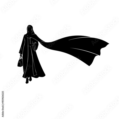 "A minimalist black and white vector silhouette of a woman's profile wearing a hijab, elegantly framed by delicate, swirling floral vines and leaves in a circular arrangement on a pure white backgroun