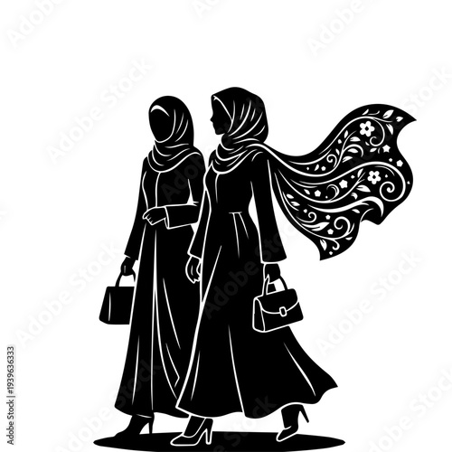 A high-quality minimalist black and white vector illustration for a luxury brand logo, featuring two elegant women in abayas and hijabs walking side-by-side. The woman in the foreground has a decorati