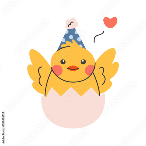 A cute Easter chicken hatches from the egg. The chicken poses for spring holiday cards, children's drawings, and decorations