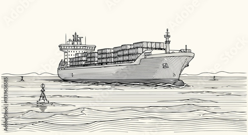 Cargo container ship detailed line art drawing over ocean waves