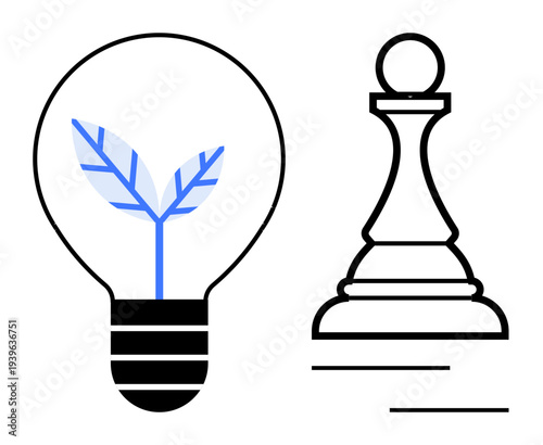 Light bulb with plant sprout representing innovation and sustainability, beside a chess pawn symbolizing strategy and leadership. Ideal for business, growth, decision-making, strategy, innovation