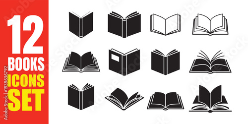 Set of twelve flat book icons depicting open and closed books in various styles for education and reading design