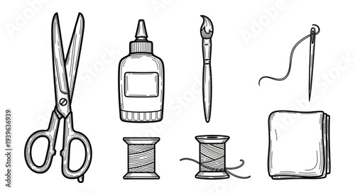 Crafting essentials - scissors, glue, brush, needle, thread, and fabric for creative projects.