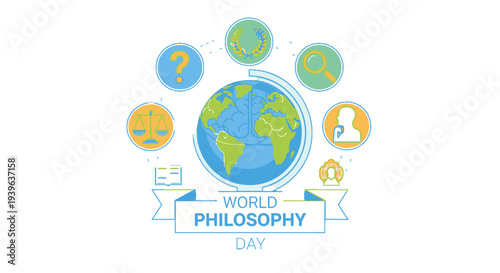 World Philosophy Day illustration with global thinking icons.