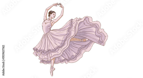 Elegant Ballerina Dancing with Flowing Pink Dress.