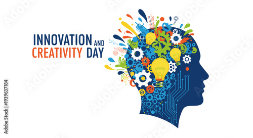 Innovation and Creativity Day Concept with Human Head and Gears.