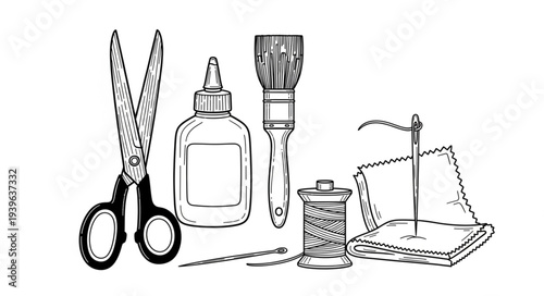 Crafting essentials - scissors, glue, brush, thread, needle, and fabric for creative projects.