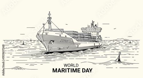 World Maritime Day container ship line drawing vector graphic