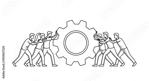Teamwork and collaboration concept, people pushing gear wheel together.