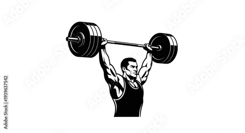 Weightlifter performing overhead press with heavy barbell, focused and determined.