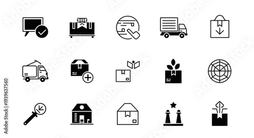 Collection of delivery and shipping icons representing various aspects of logistics.