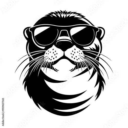 cool otter sunglasses face logo black white vector illustration.