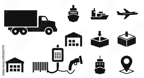 Collection of transportation and logistics icons representing various shipping methods and locations.