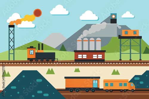 Train moves through a landscape with factories, mountains, and clouds