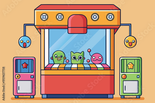 Vector illustration of a colorful claw machine with toys in a game setting
